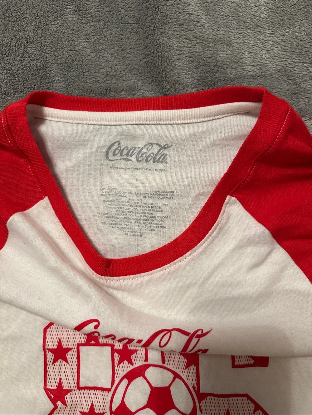 Coca Cola White Tee with Red Raglan Sleeves and Soccer Graphic size L kids
